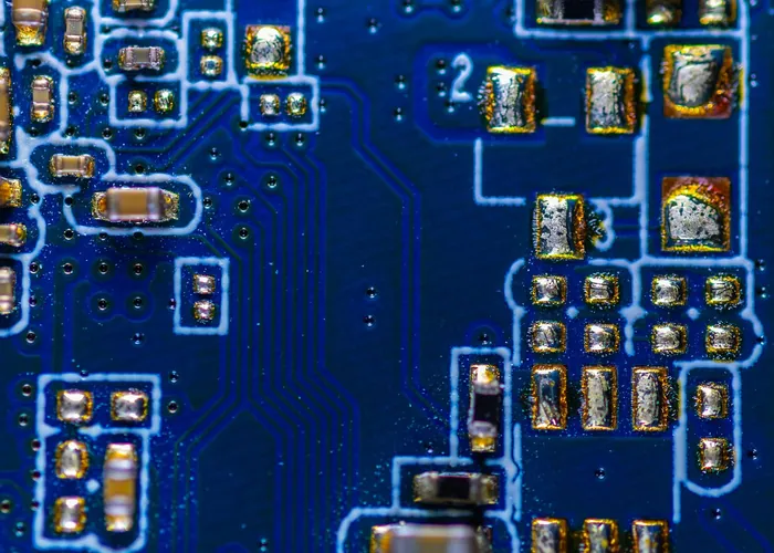 Stock photo: close-up of a blue circuit board with microchips