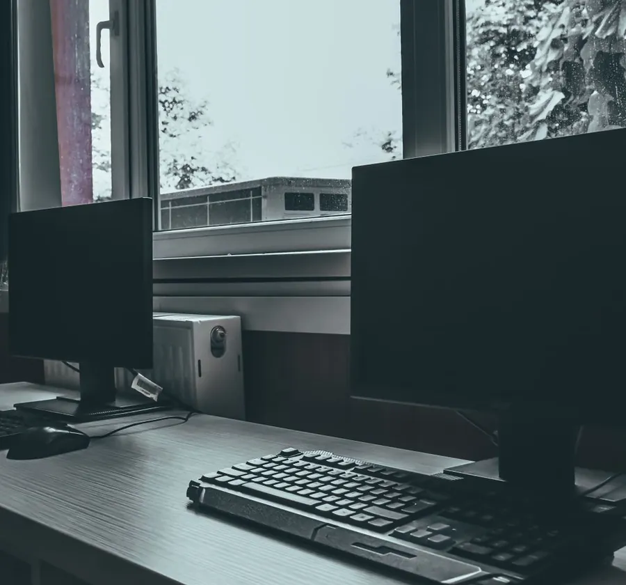 Stock photo: a desk with two computer monitors beside a window