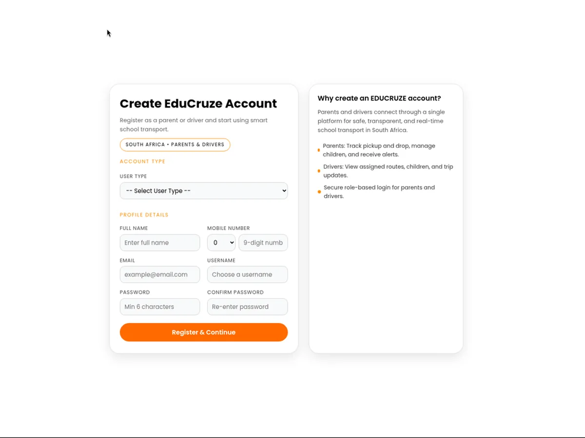 The EduCruze Create Account page, where parents and drivers choose a user type and enter their details