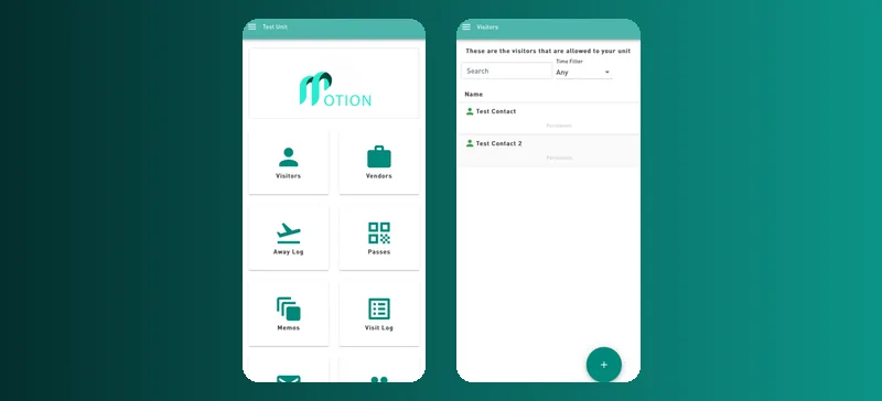 Motion VMS app: home screen with Visitors, Vendors, Away Log and Passes, and the visitors list