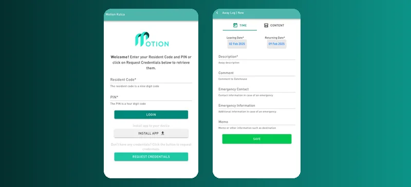 Motion VMS app: resident sign-in screen and the away log form