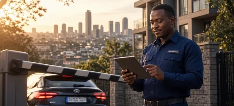 Illustrative image (sample video still): a security guard using a tablet at an estate boom gate