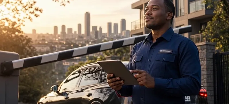 Illustrative image (sample video still): a security guard with a tablet beside an estate boom gate