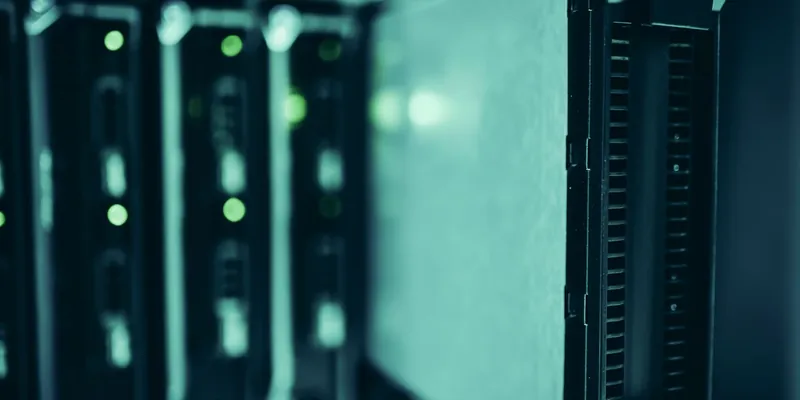 Stock photo: close-up of active server racks in a data centre